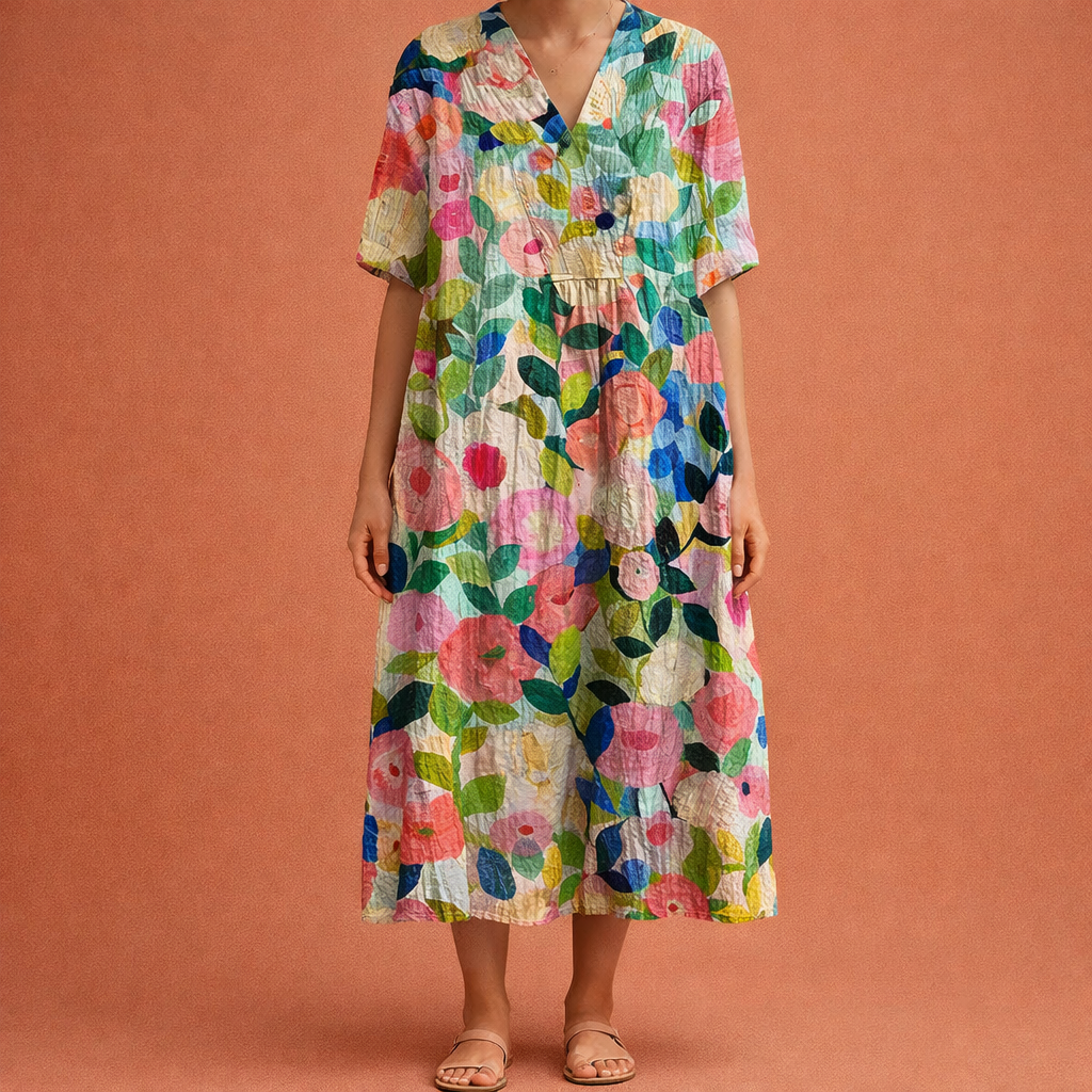 Dames maxi bloemenjurk in Bloemenprint met minimalistisch design, zacht en comfortabel voor casual en stijlvolle outfits.