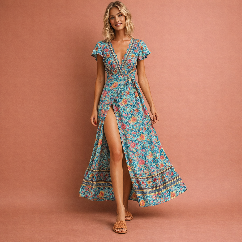 Boho maxi-jurk voor dames met wikkelontwerp en hoge split, ideaal voor zomerse gelegenheden en vakanties.