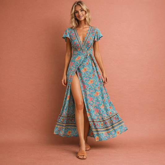 Boho maxi-jurk voor dames met wikkelontwerp en hoge split, ideaal voor zomerse gelegenheden en vakanties.