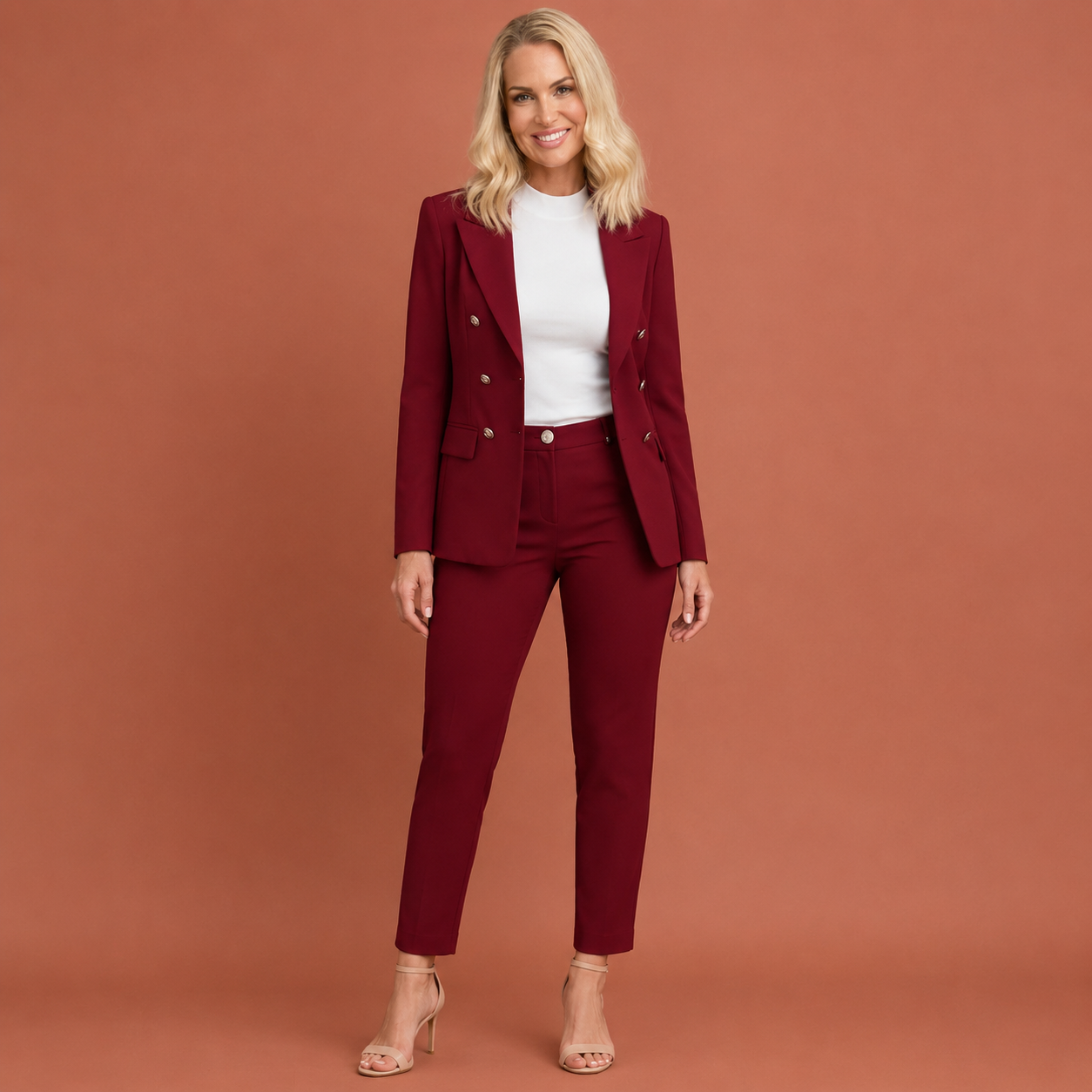 Dames broekpak in bordeaux met minimalistisch design, zacht en comfortabel voor casual en stijlvolle outfits.