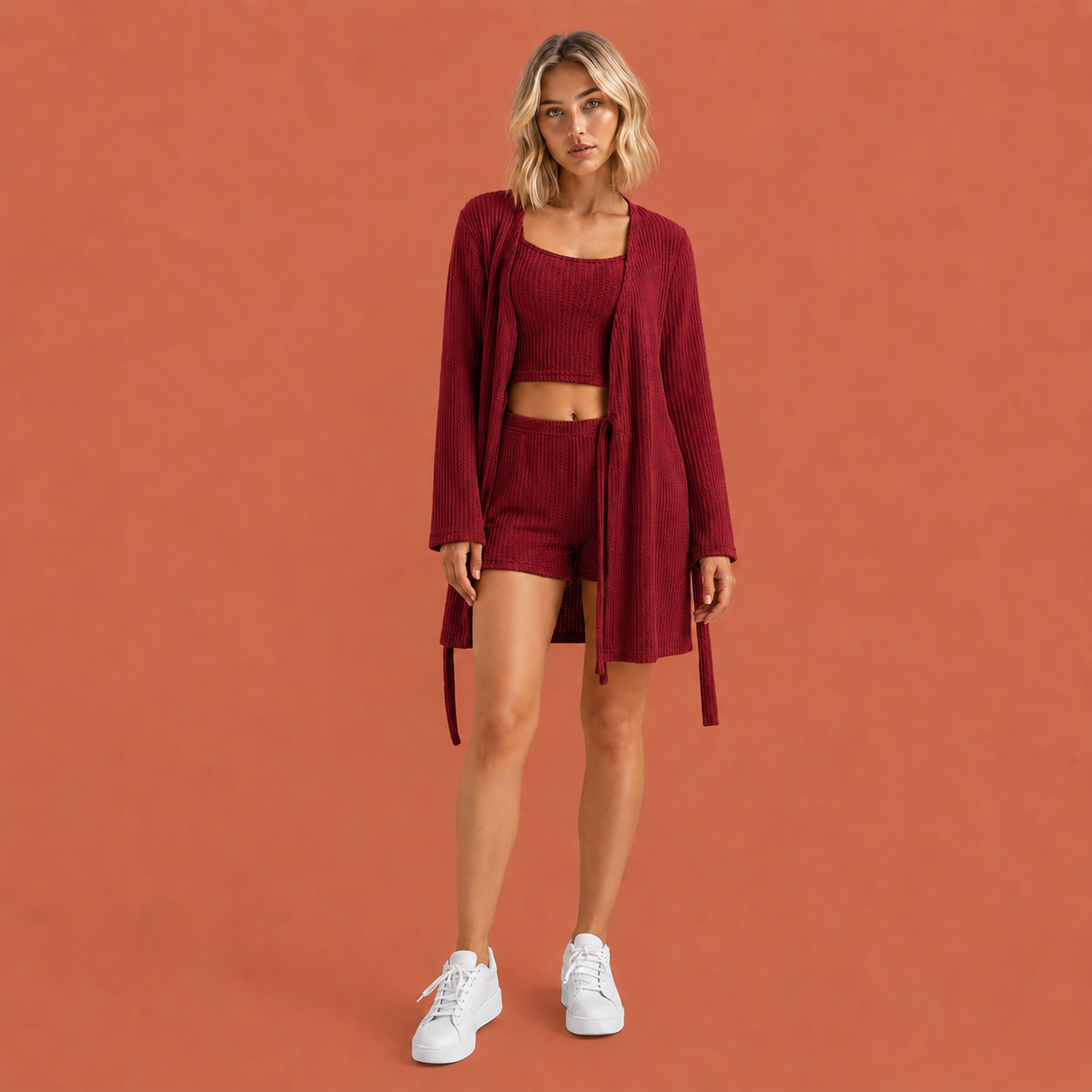 Dames loungewear set in bordeaux met minimalistisch design, zacht en comfortabel voor casual en stijlvolle outfits.