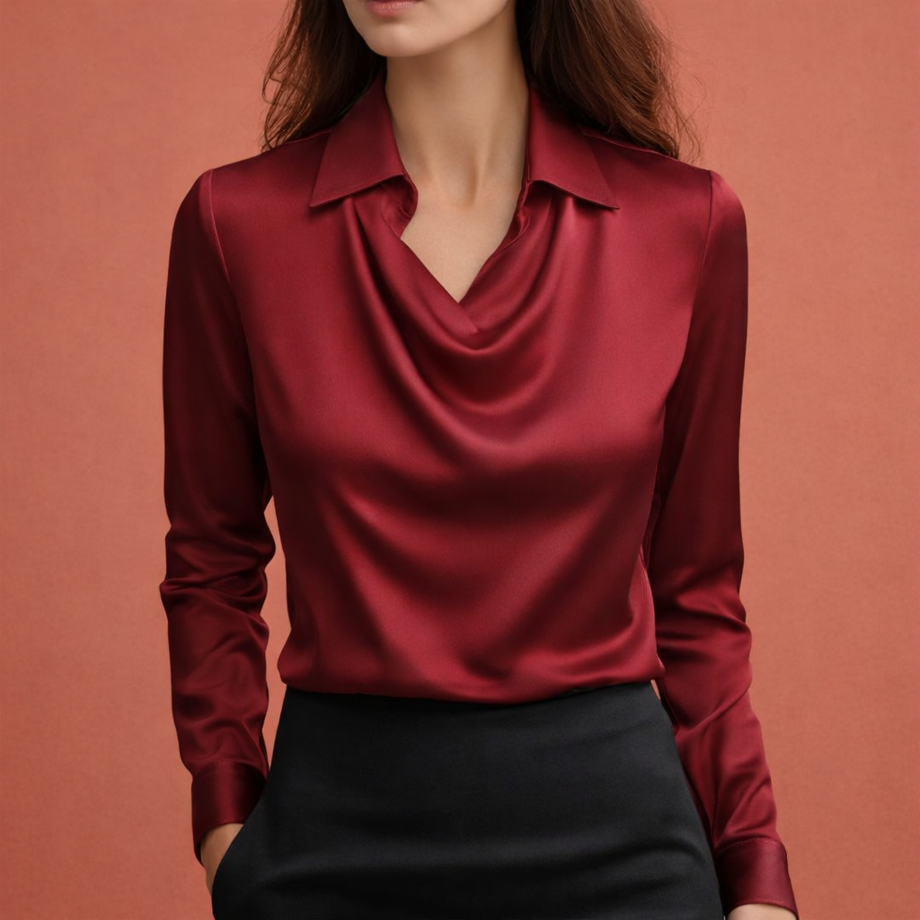 Dames satijnen blouse in bordeaux met draperende kraag, zacht en comfortabel voor stijlvolle en casual outfits.