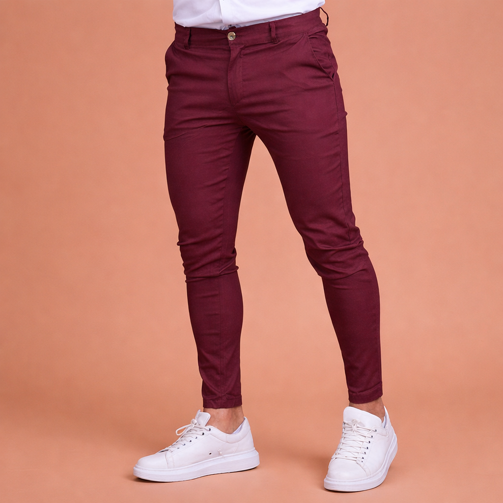 Heren chino broek in bordeaux met minimalistisch design, zacht en comfortabel voor casual en stijlvolle outfits.