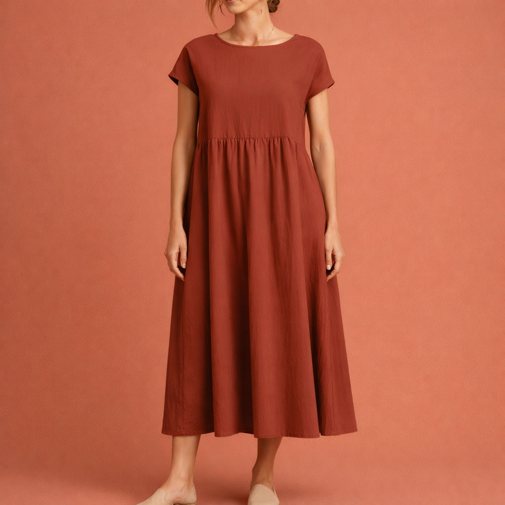 Dames midi jurk in bordeaux met minimalistisch design, zacht en comfortabel voor casual en stijlvolle outfits.