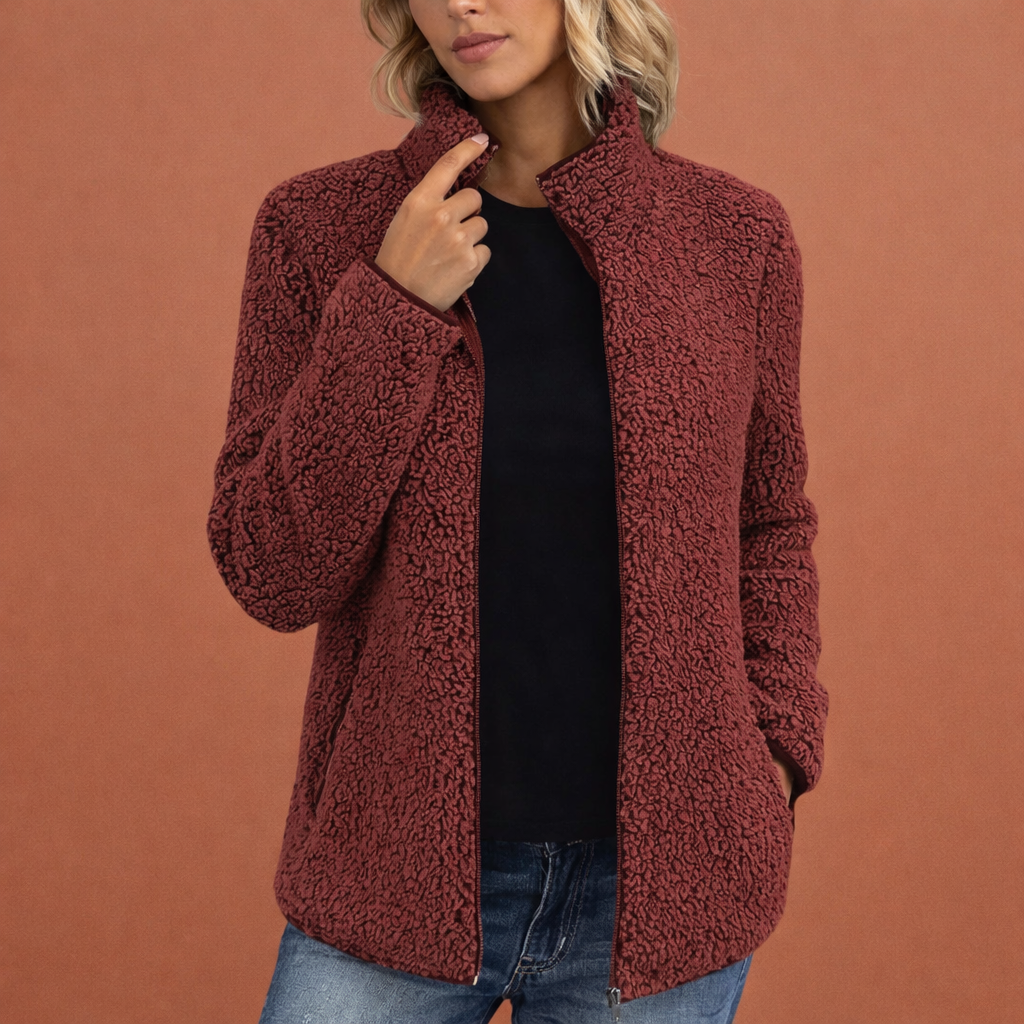 Bordeauxrood dames fleece vest met hoge kraag en ritssluiting, ideaal voor dagelijks gebruik en koelere dagen.