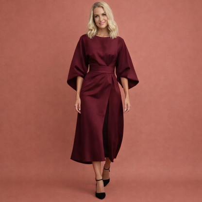 Bourgogne midi-jurk met lantaarnmouwen en ceintuur voor dames, elegante jurk voor feest, diner of formele gelegenheid.