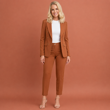 Dames broekpak in bruin met minimalistisch design, zacht en comfortabel voor casual en stijlvolle outfits.