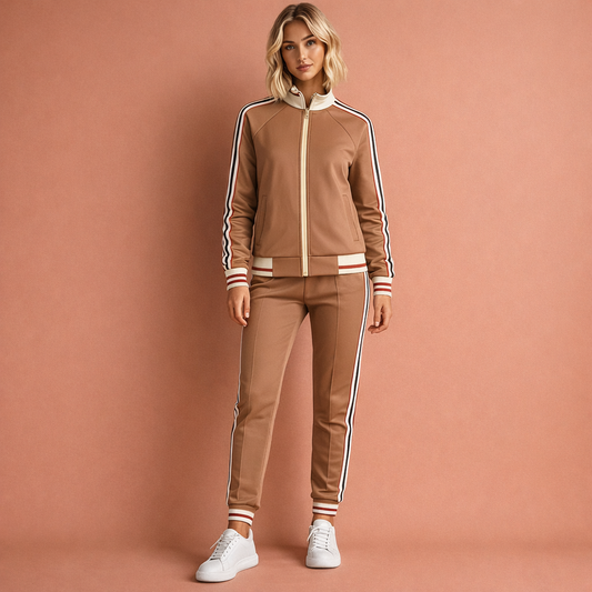 Bruin gestreept dames trainingspak met comfortabele pasvorm, geschikt voor sport en dagelijks gebruik.