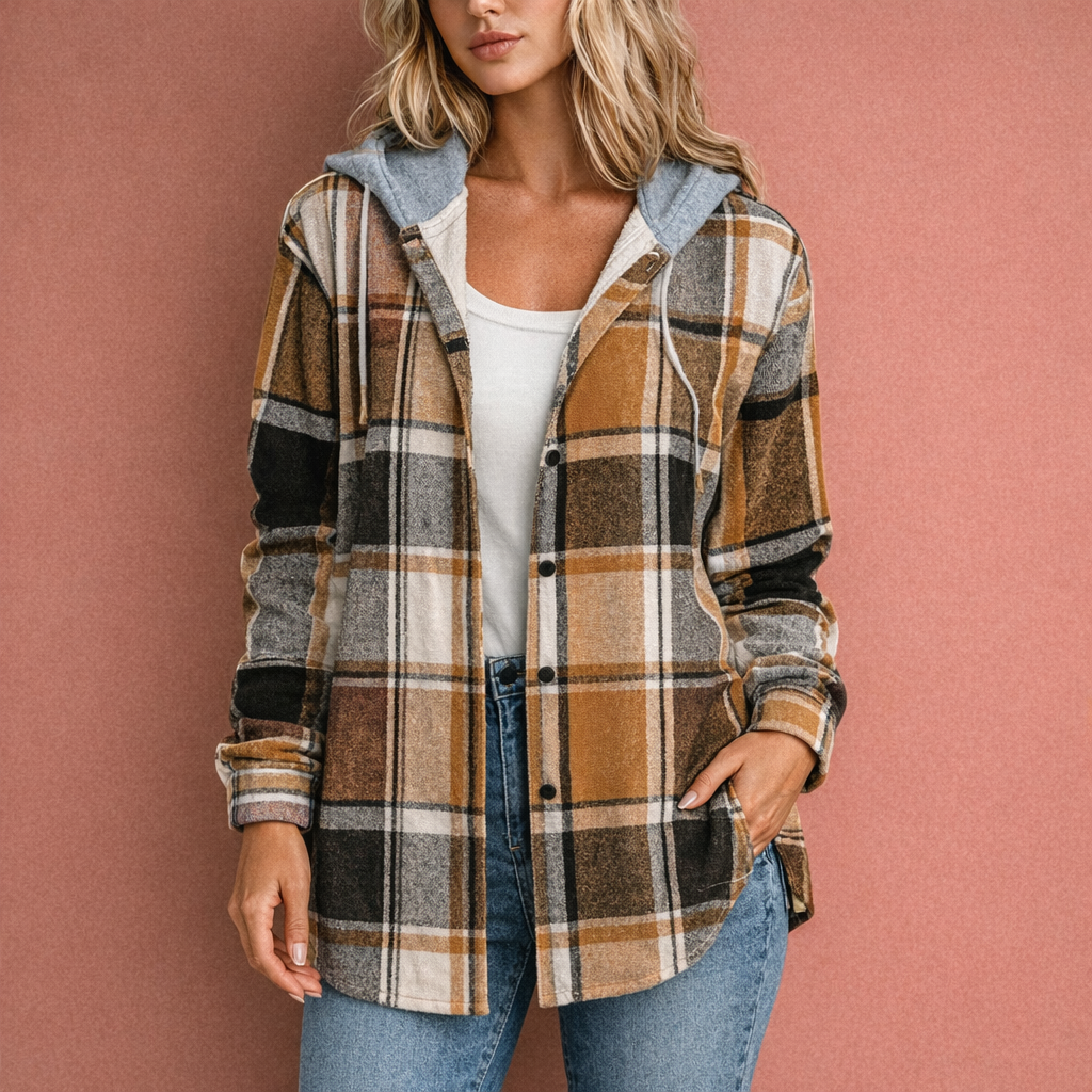 Bruin overshirt voor dames met capuchon en knoopsluiting, comfortabel en ideaal voor casual dagelijks gebruik.1
