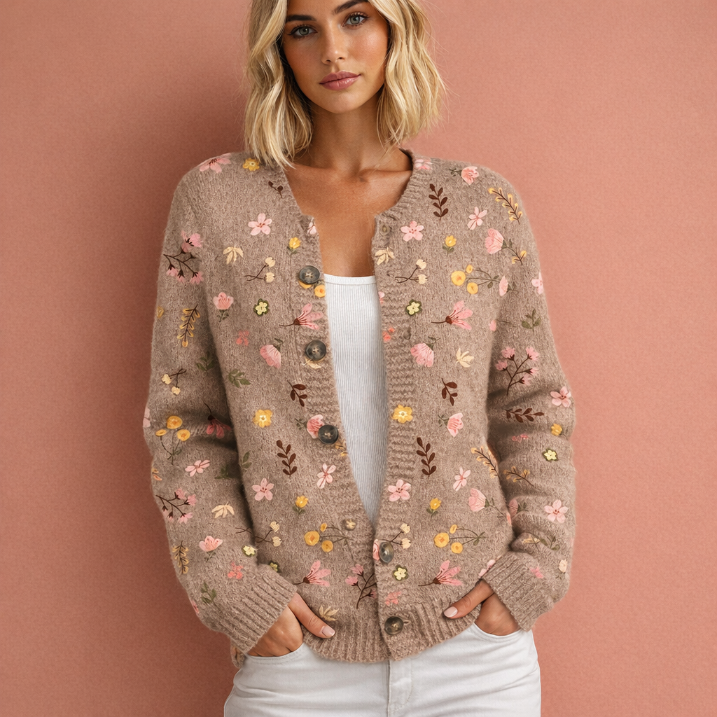 Bruine chique dames cardigan met bloemmotief en comfortabele pasvorm, ideaal voor dagelijks gebruik en koude dagen.