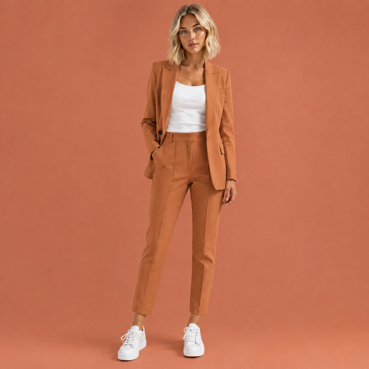 Dames blazer set in bruin met minimalistisch design, zacht en comfortabel voor casual en stijlvolle outfits.