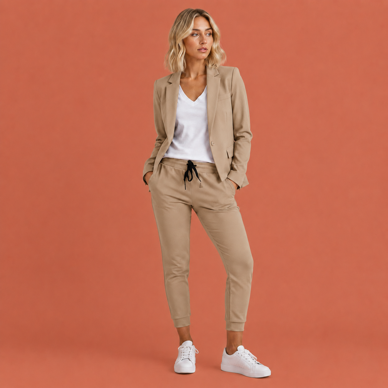 Dames blazer set in bruin met minimalistisch design, zacht en comfortabel voor casual en stijlvolle outfits.