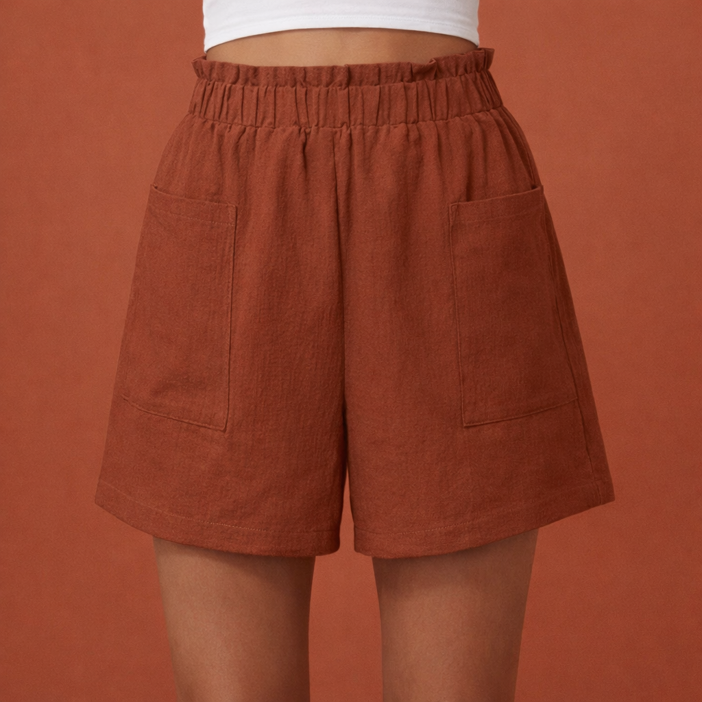 Dames linnen shorts in bruin met minimalistisch design, zacht en comfortabel voor casual en stijlvolle outfits.