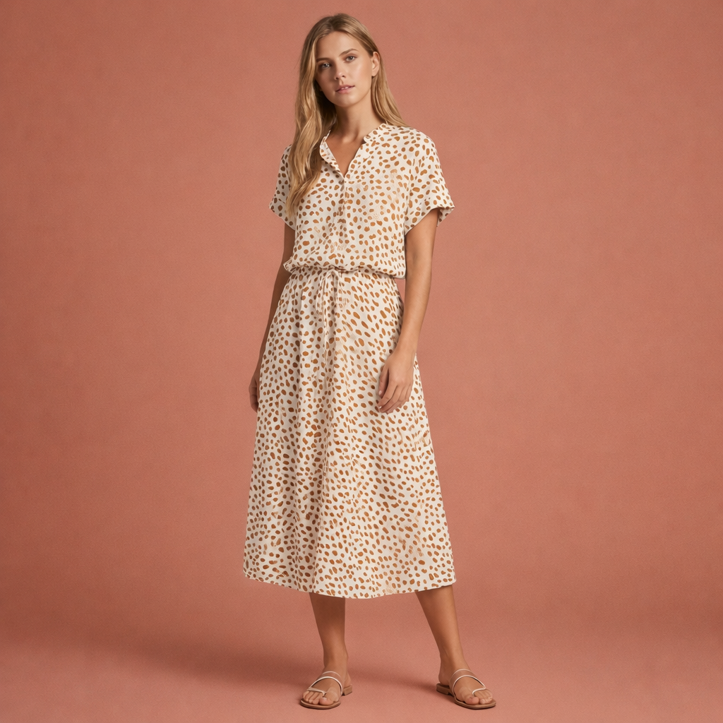 Dames midi jurk in bruin met minimalistisch design, zacht en comfortabel voor casual en stijlvolle outfits.