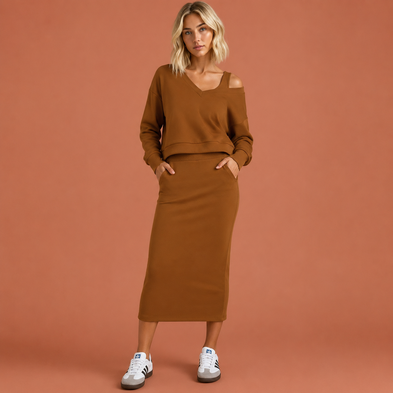 Dames set in bruin met minimalistisch design, zacht en comfortabel voor casual en stijlvolle outfits.