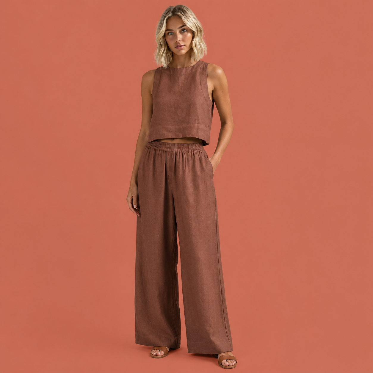 Dames tweedelige set in bruin met minimalistisch design, zacht en comfortabel voor casual en stijlvolle outfits.