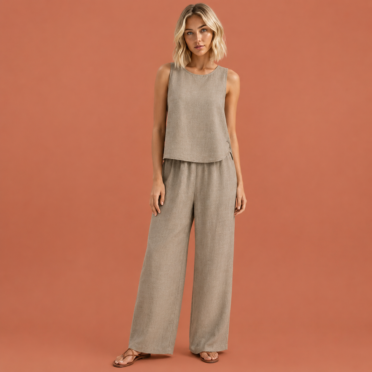 Dames zomer set in bruin met minimalistisch design, zacht en comfortabel voor casual en stijlvolle outfits.