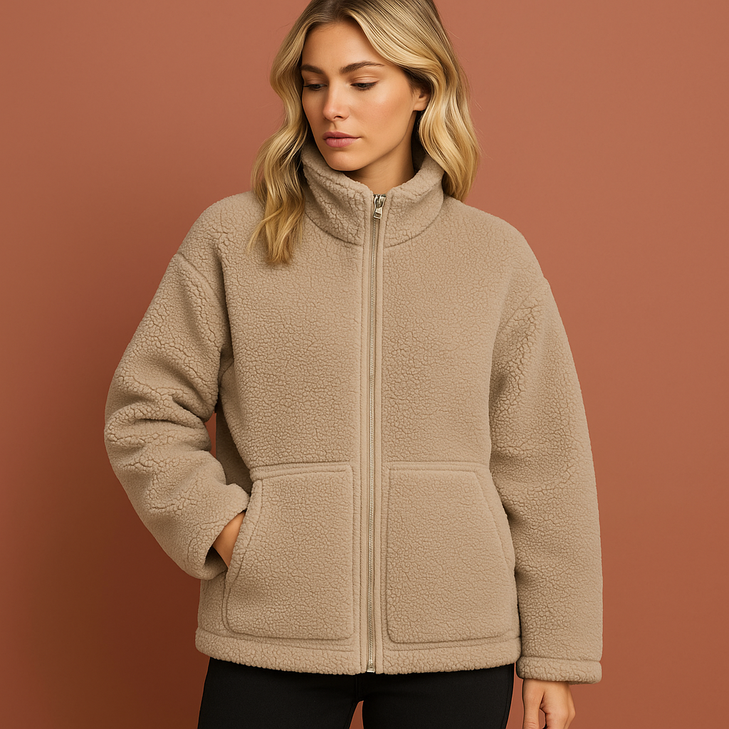 Damesjas in bruin met tijdloos design, warm en modieus voor koude dagen.