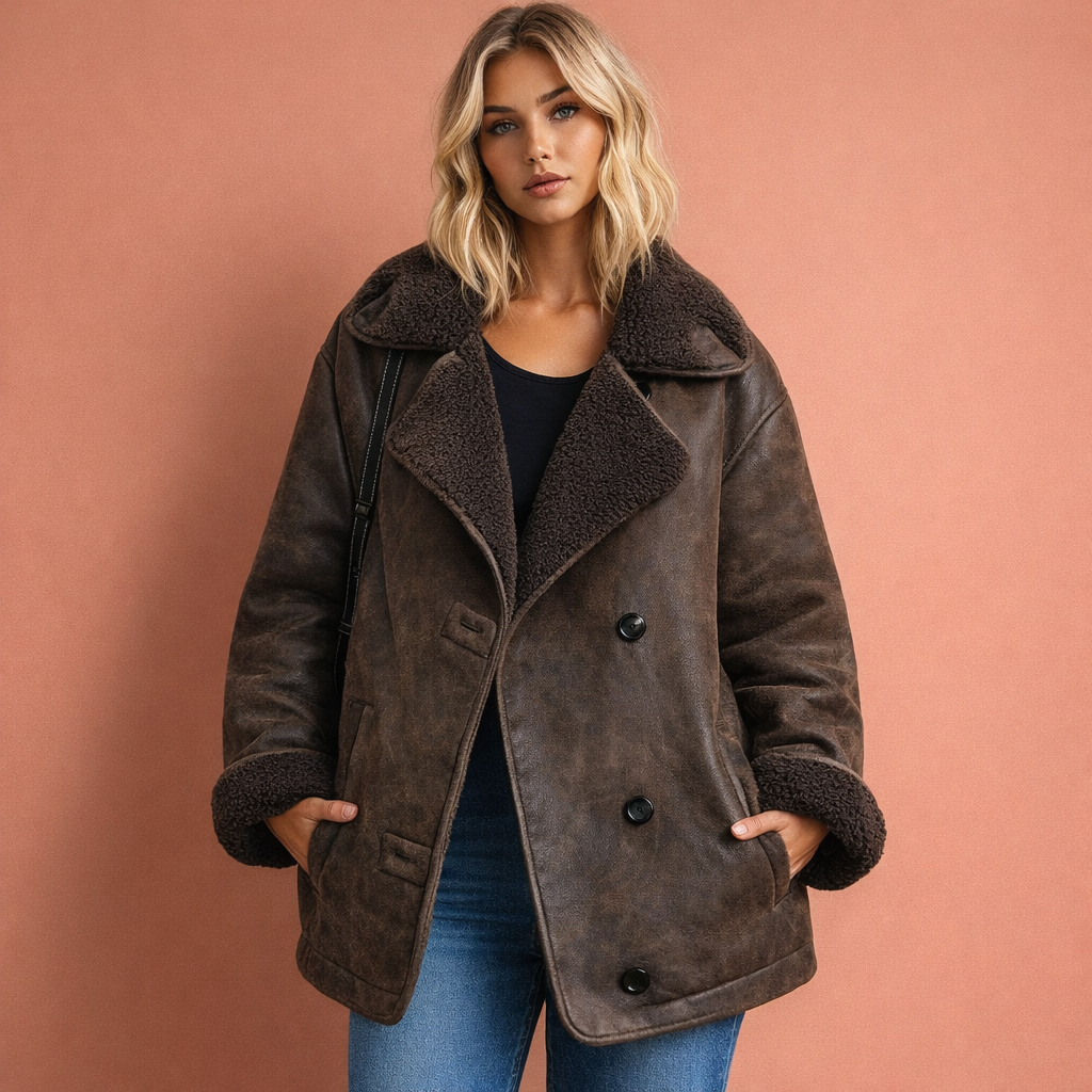 Bruine damesjas met reverskraag, ideaal voor een stijlvolle en comfortabele look bij dagelijks gebruik.