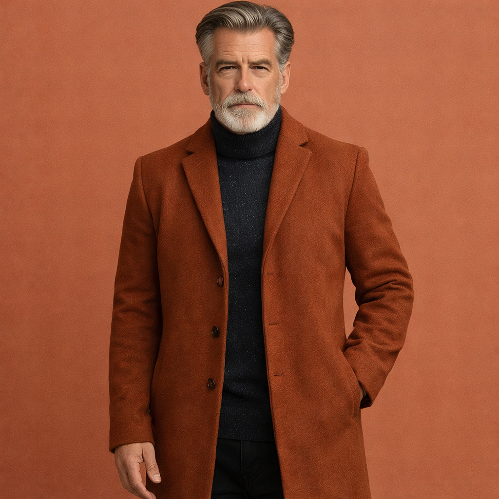 Bruine elegante halflange heren jas met comfortabele pasvorm, geschikt voor dagelijks gebruik tijdens koude dagen.