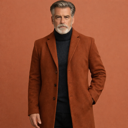 Bruine elegante halflange heren jas met comfortabele pasvorm, geschikt voor dagelijks gebruik tijdens koude dagen.