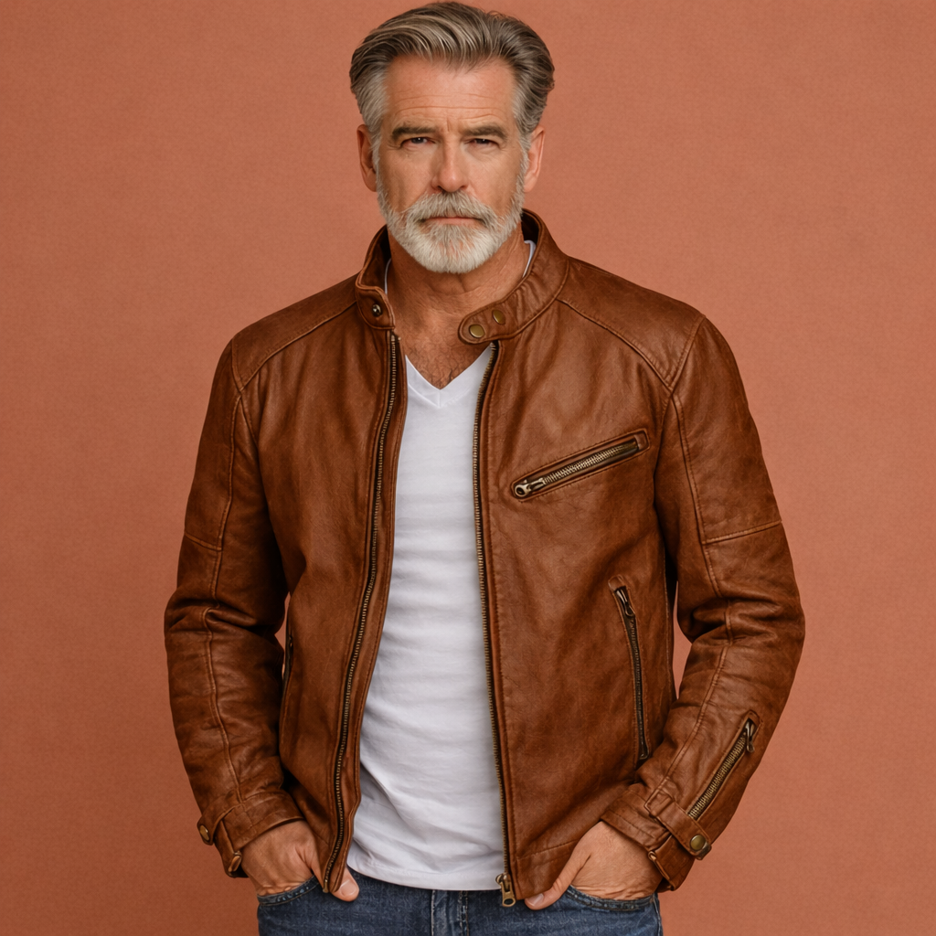 Bruine herenjas met opstaande kraag en ritssluiting, met comfortabele pasvorm voor dagelijks gebruik en nette outfits.