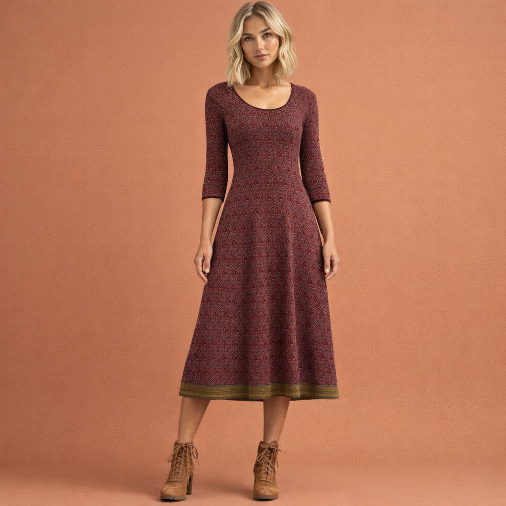 Bruine midi-jurk voor dames met geometrisch patroon en comfortabele pasvorm, geschikt voor dagelijks gebruik en stijlvolle gelegenheden.