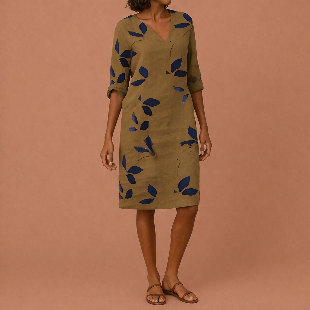 Dames midi jurk in bruin met bladerenprint, luchtig en comfortabel voor casual en stijlvolle zomeroutfits.