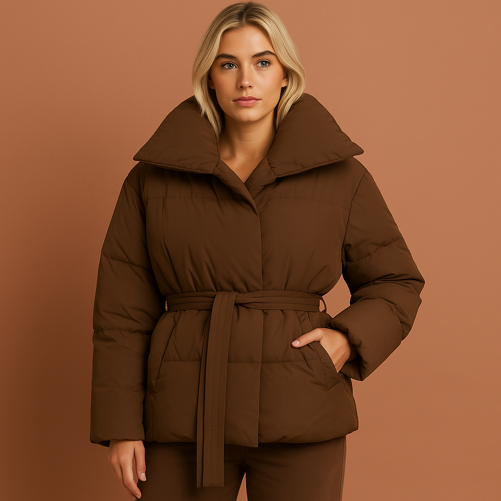 Bruine dames pufferjas met moderne uitstraling en comfortabele pasvorm, ideaal voor herfst en winter.