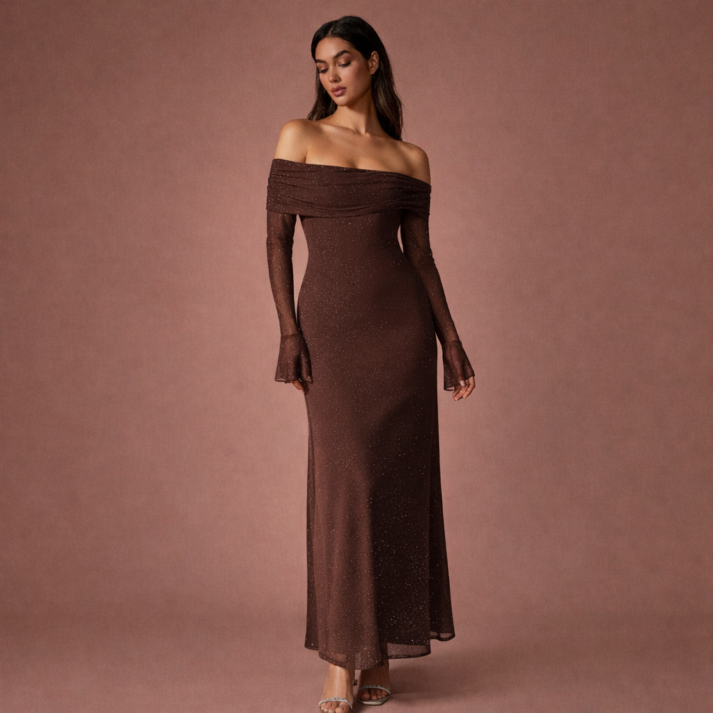 Bruine schouderloze avondjurk voor dames met glitteraccenten, ideaal voor feestelijke avonden en speciale gelegenheden.