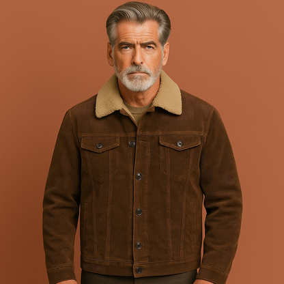 Bruine warme sherpa gevoerde heren winterjas met borstzakken, perfect voor koude dagen en outdoor activiteiten.
