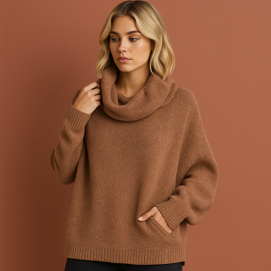 Bruine dames coltrui met elegante pasvorm en tijdloze uitstraling, perfect voor koude dagen en stijlvolle outfits.