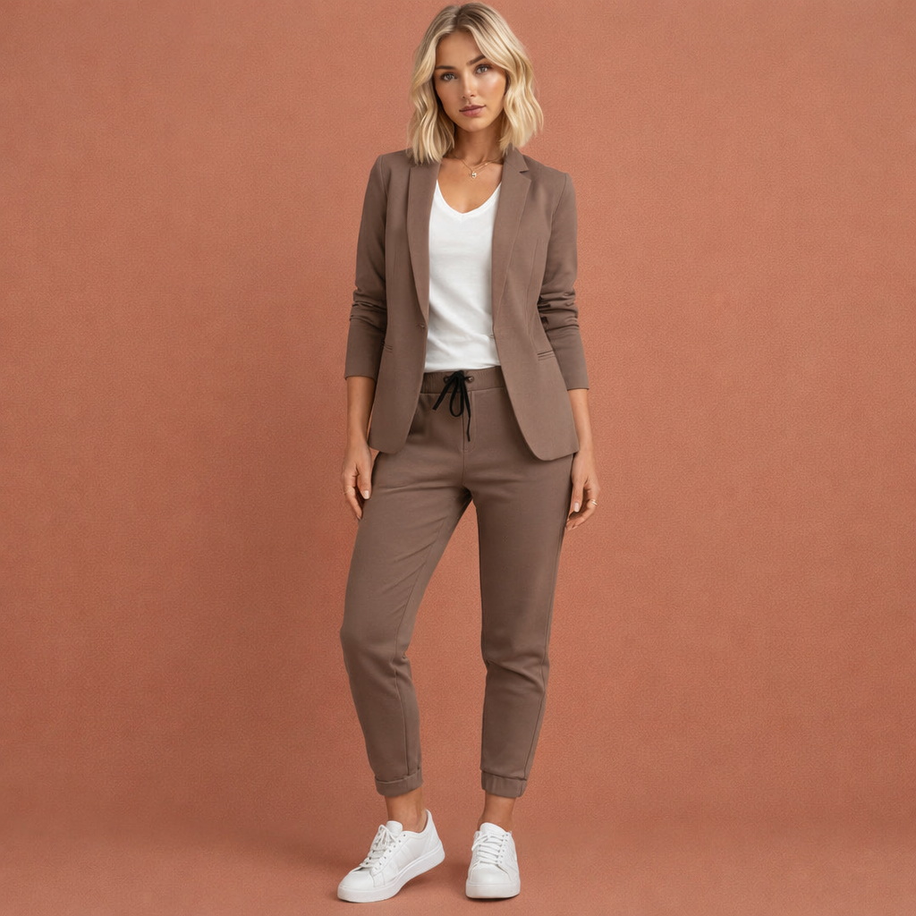 Bruine tweedelige blazer set voor dames met een elegante pasvorm, ideaal voor werk en formele gelegenheden.