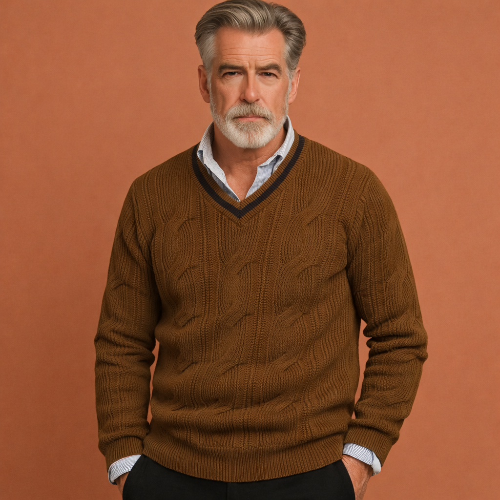 Bruine warme heren trui met V-hals en comfortabele pasvorm, geschikt voor dagelijks gebruik en nette casual outfits.