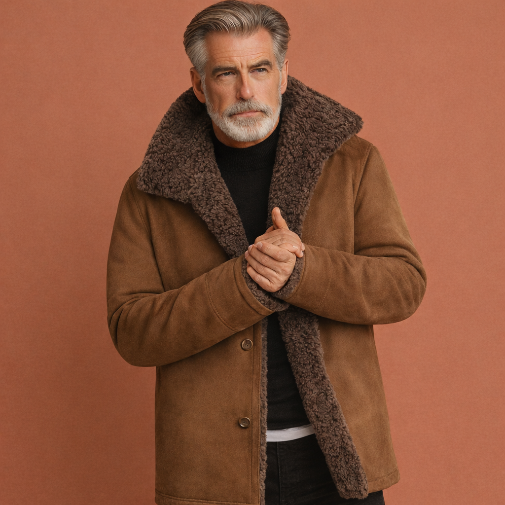 Bruine warme winterjas voor heren met brede kraag en comfortabele pasvorm, ideaal voor koude dagen en dagelijks gebruik.