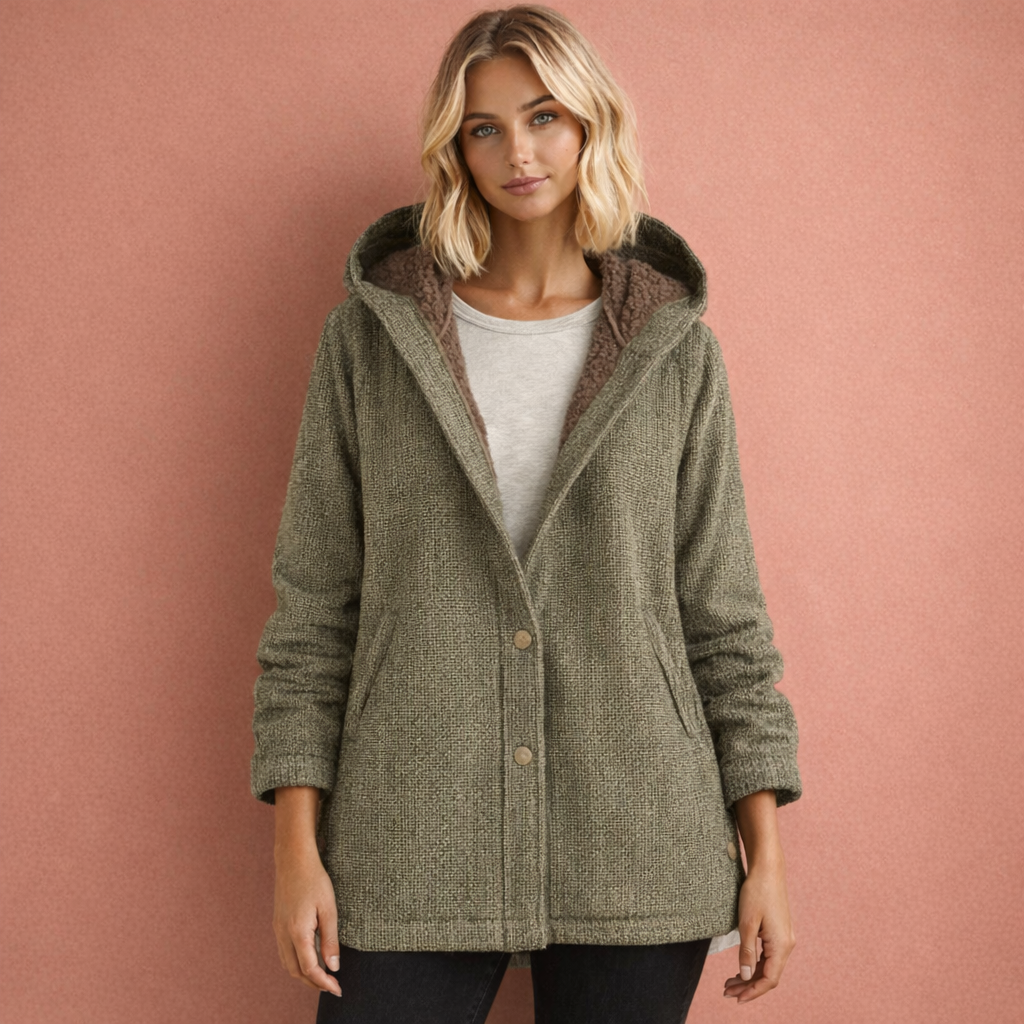 Bruine dames winterjas met capuchon en knoopsluiting, ideaal voor dagelijks gebruik tijdens koude dagen.