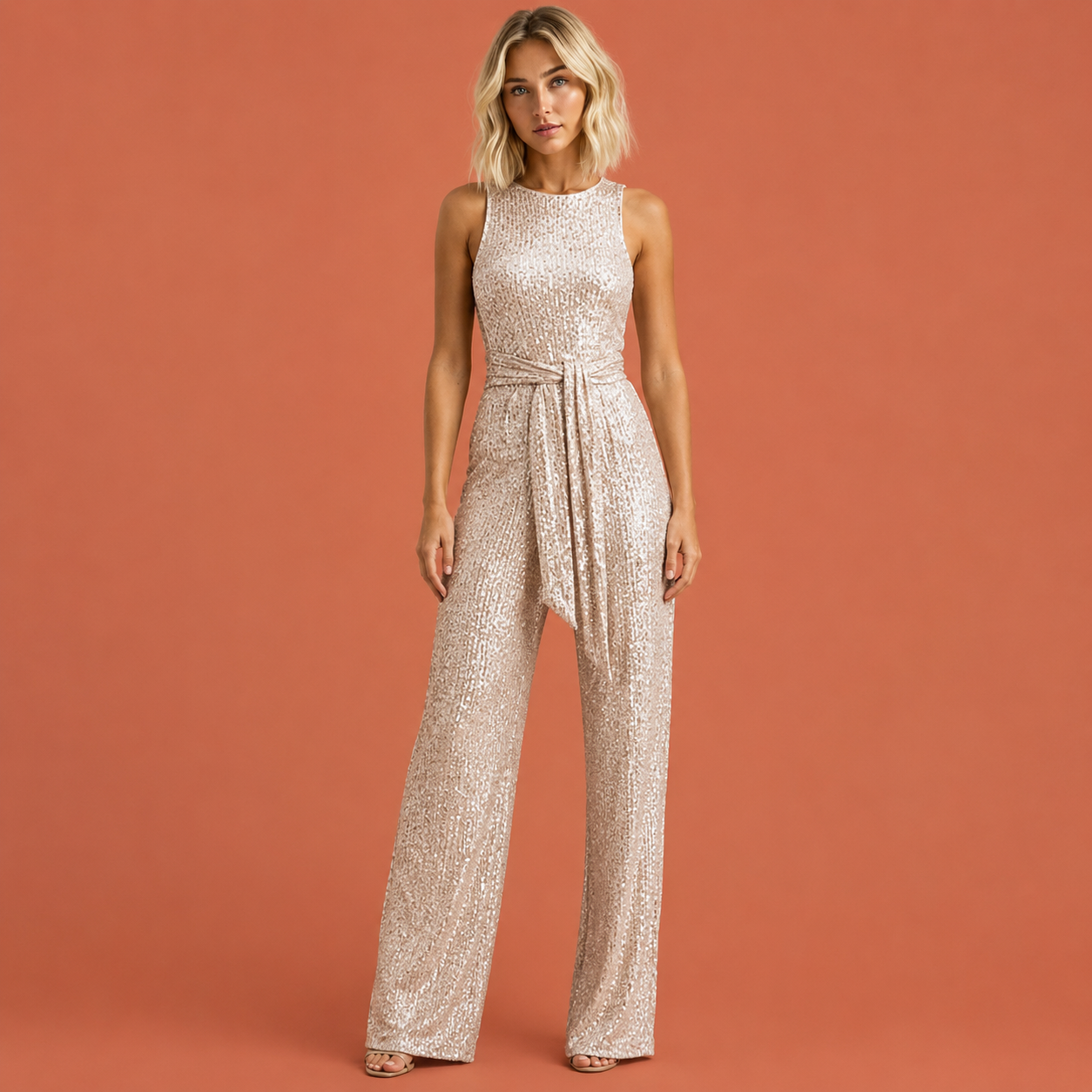 Dames glitter jumpsuit in champagne met elegant design, flatterend en comfortabel voor feestelijke en stijlvolle outfits.
