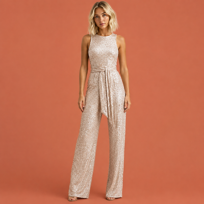 Dames glitter jumpsuit in champagne met elegant design, flatterend en comfortabel voor feestelijke en stijlvolle outfits.