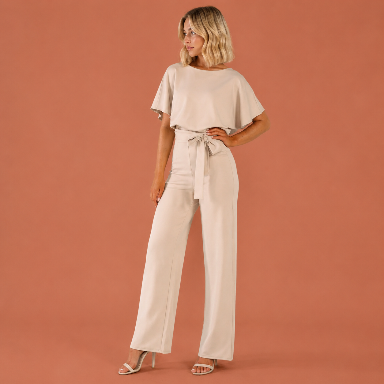Dames jumpsuit in champagne met minimalistisch design, zacht en comfortabel voor casual en stijlvolle outfits.