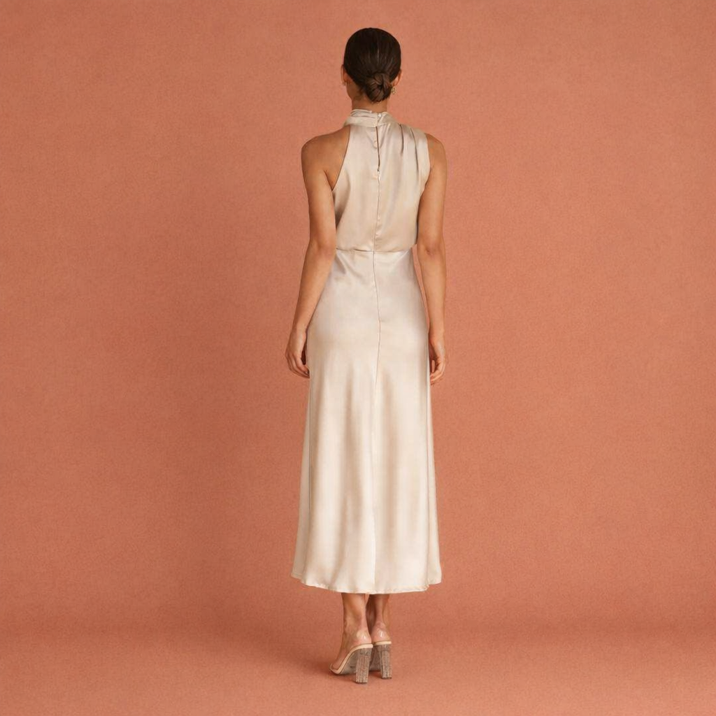 Dames maxi jurk in champagne met minimalistisch design, zacht en comfortabel voor casual en stijlvolle outfits.