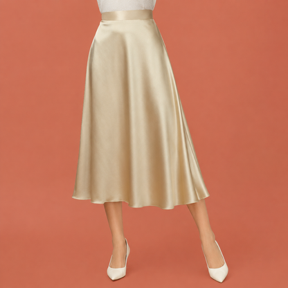 Dames midi rok in champagne met minimalistisch design, zacht en comfortabel voor casual en stijlvolle outfits.