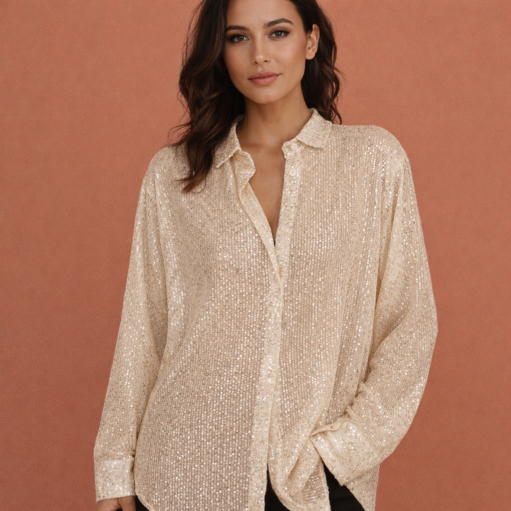 Dames pailletten blouse in champagne met minimalistisch design, zacht en comfortabel voor casual en stijlvolle outfits.