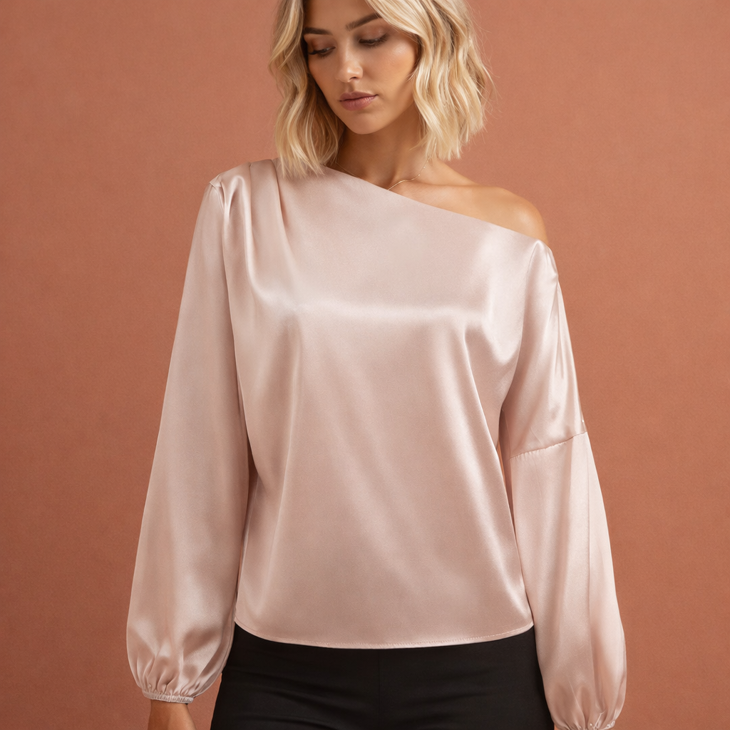 Dames one-shoulder blouse in champagne met minimalistisch design, zacht en comfortabel voor casual en stijlvolle outfits
