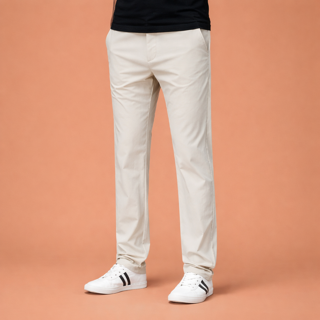 Heren pantalon in crème met minimalistisch design, comfortabel en stijlvol voor casual en zakelijke outfits.