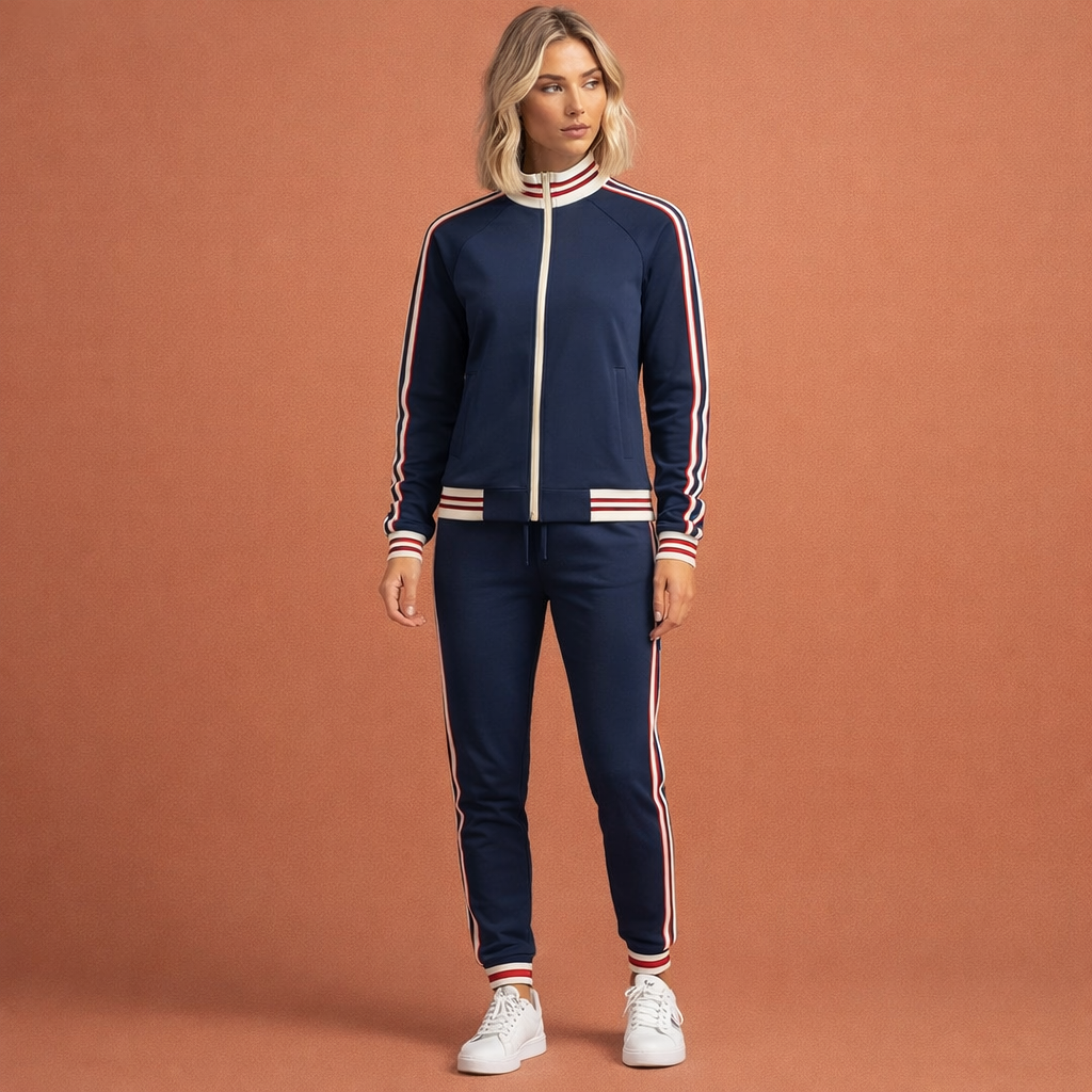 Donkerblauw gestreept dames trainingspak met comfortabele pasvorm, geschikt voor sport en dagelijks gebruik.