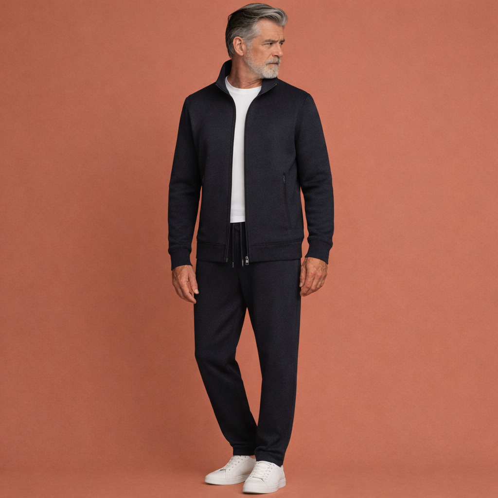 Donkerblauw tweedelig trainingspak voor heren met vest met verbrand en rechte broek, ideaal voor dagelijks gebruik en ontspanning.