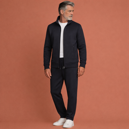 Donkerblauw tweedelig trainingspak voor heren met vest met verbrand en rechte broek, ideaal voor dagelijks gebruik en ontspanning.