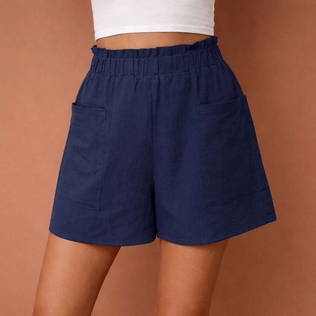 Dames linnen shorts in donkerblauw met minimalistisch design, zacht en comfortabel voor casual en stijlvolle outfits.