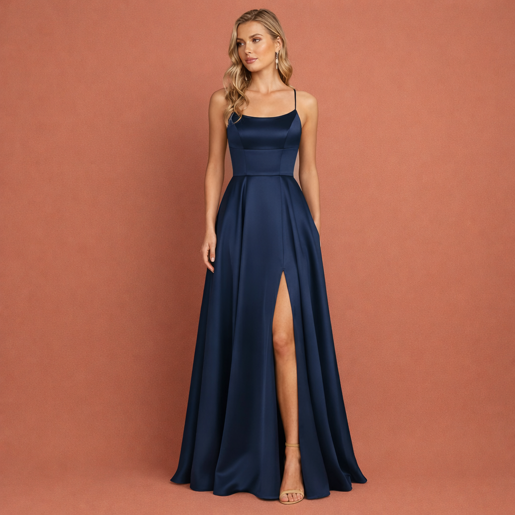 Dames maxi avondjurk in donkerblauw met minimalistisch design, zacht en comfortabel voor casual en stijlvolle outfits.