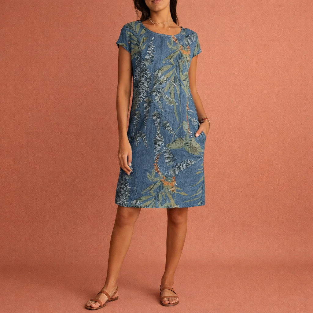 Dames midi-jurk in donkerblauw met minimalistisch design, zacht en comfortabel voor casual en stijlvolle outfits.